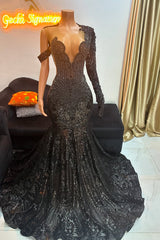 Modern Black One Shoulder Long Sleeve Prom Dress Mermaid Sequins With Beadings