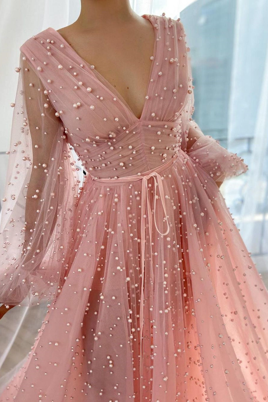 Gorgeous Pink Long Sleeves Prom Dress V-Neck Tulle With Pears