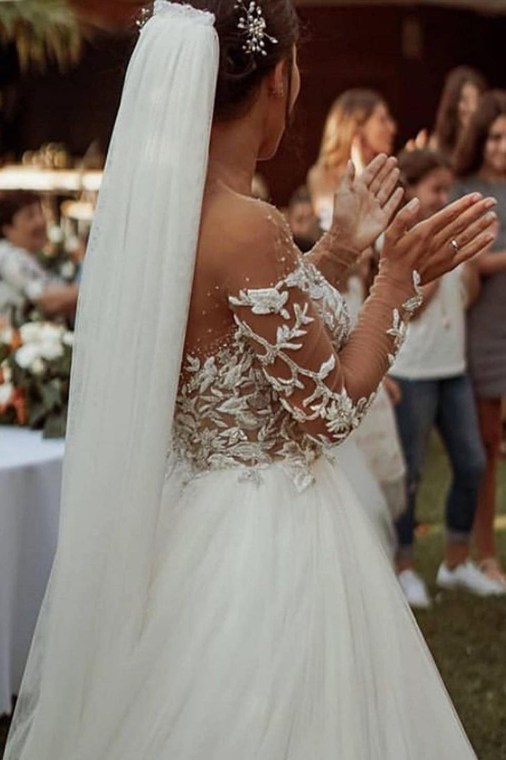 Sheer A-line Wedding Gown with Modern Long Sleeves and Tulle Lace