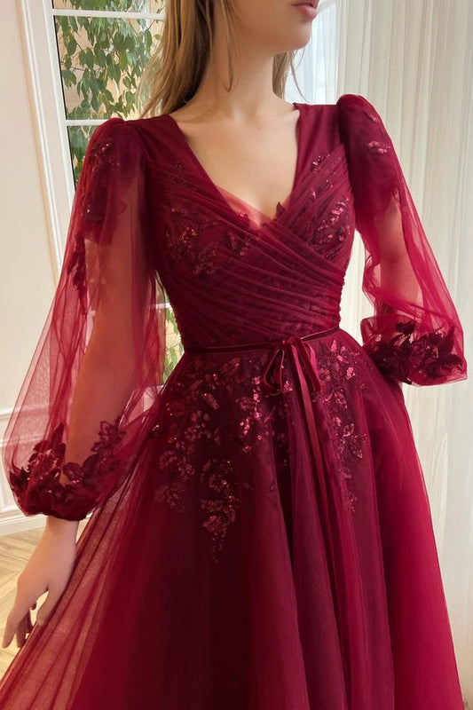 Classy Burgundy Long Sleeves Prom Dress V-Neck Tulle With Appliques