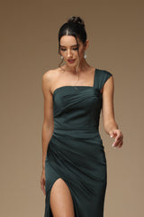 Dark Green Prom Dress One Shoulder Sleeveless Charmeuse With High Slit