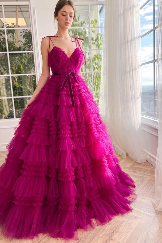 Charming Hot Pink Spaghetti-Straps V-Neck Prom Dress Layered Tulle Sleeveless