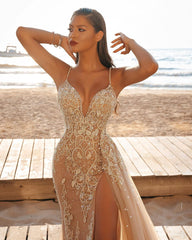 Elegant Mermaid Wedding Dress with Spaghetti Straps, Side Split, and Lace Appliques