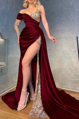  One-Shoulder Sweetheart Mermaid Prom Dress Pleated with Split and Beadings