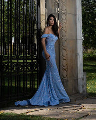 Stunning Off-the-Shoulder Long Prom Dress Mermaid Sequins Party Gowns
