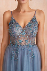 Dusty Blue V-Neck Tulle Prom Dress A Line with Split   