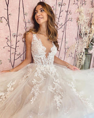 A-Line Floor-Length Wedding Dress with Appliques Lace, Deep V-Neck and Backless Tulle Design