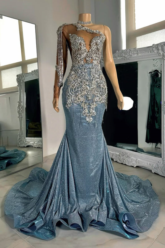 Modern Dusty Blue One Shoulder Long Sleeves Prom Dress Mermaid With Beadings Tassels