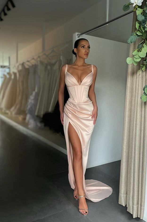Starps V-Neck Split Prom Dress Long Sleevesless Evening Party Gowns