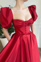Gorgeous Burgundy Bubble Sleeves Prom Dress Front Split With Buttons
