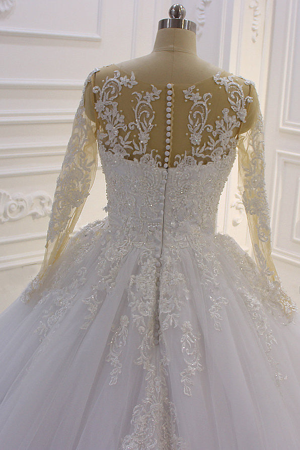 Graceful Long-Sleeve Lace A-Line Bateau Bridal Gown Featuring Pearl Tulle Appliques