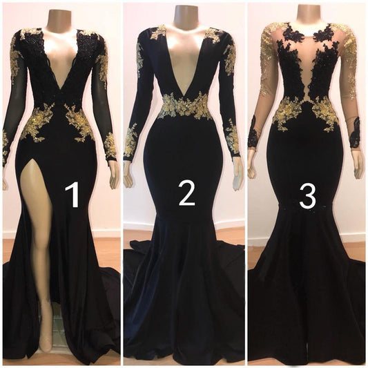 Charming Long Sleeves Black Prom Dress Gold Appliques Long Party Gowns