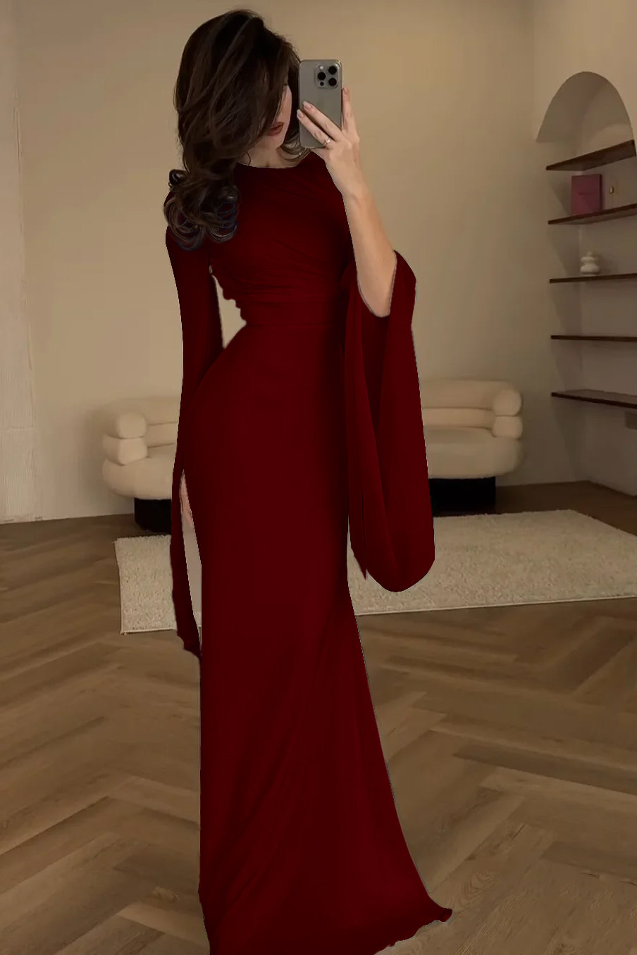Elegant Ivory Evening Dress Chiffon Long Sleeves Mermaid Dress