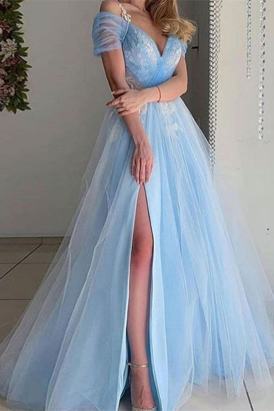 Beautiful Sky Blue Short Sleeves Prom Dress Long Tulle With Split