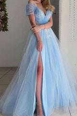 Beautiful Sky Blue Short Sleeves Prom Dress Long Tulle With Split