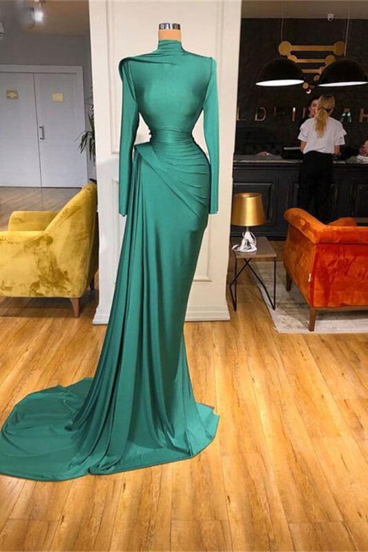 Green High Neck Long Sleeves Prom Dress Mermaid with Ruffle