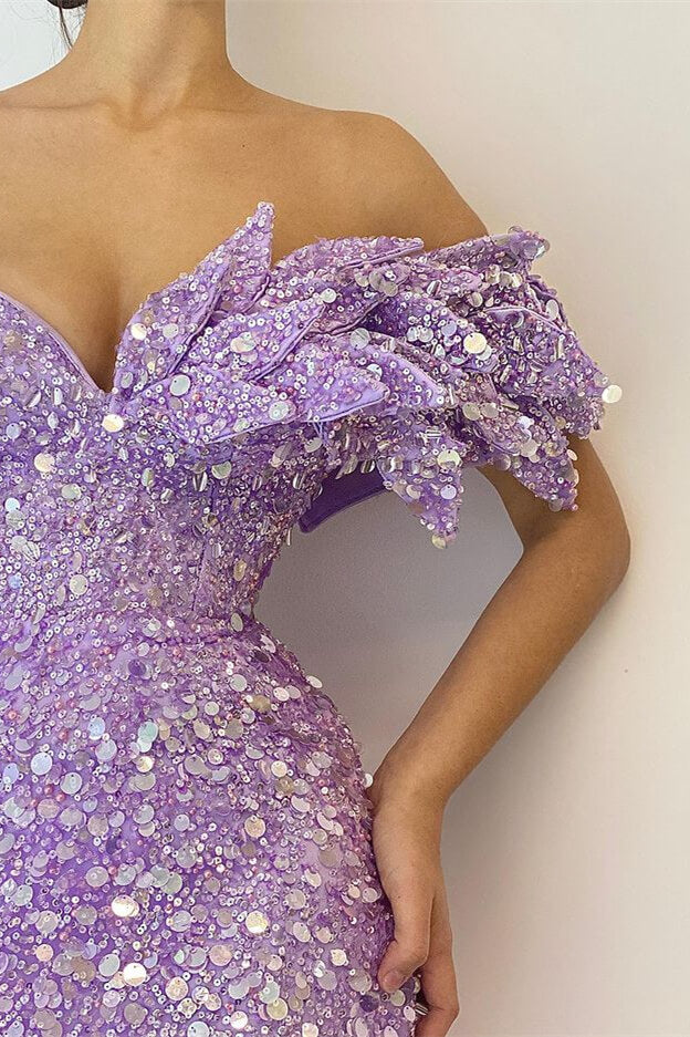 Beautiful Lilac V-Neck Off-the-Shoulder Mermaid Sequins Prom Dress with Split