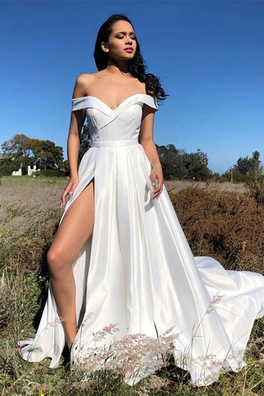 Gorgeous White Off-the-Shoulder Slit Prom Dress Long