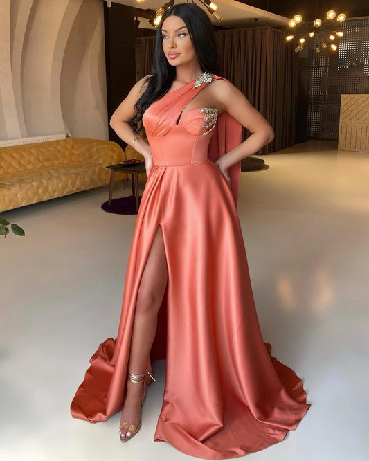 Stunning Coral Orange One Shoulder Long Prom Dress Split With Beads