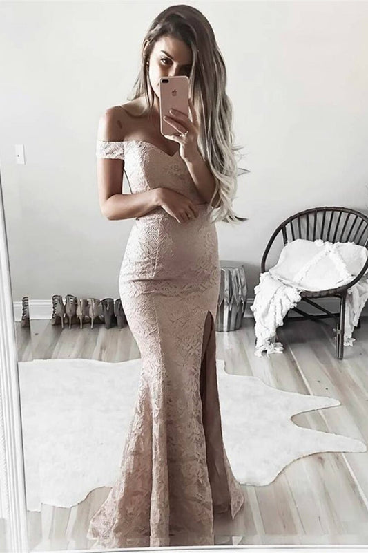 Modern Off-the-Shoulder Lace Mermaid Prom Dress With Split