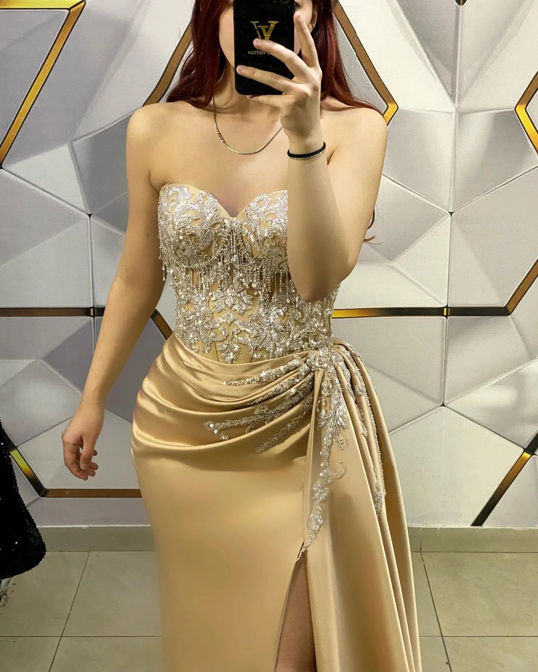Gold Sleeveless Prom Dress V-Neck with Sequin Appliques