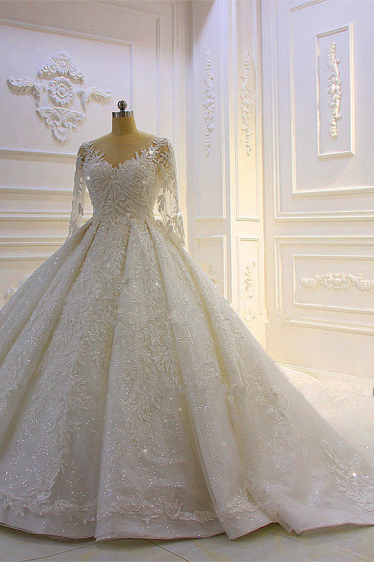 Elegant Long Wedding Dress with Beading, Lace Appliques, and Church Train Sleeves