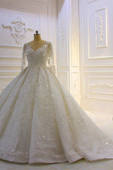 Elegant Long Wedding Dress with Beading, Lace Appliques, and Church Train Sleeves