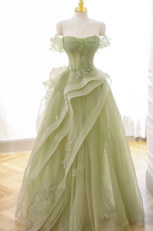 Cute Green Strapless Off The Shoulder A Line Prom Dress Long With Beads