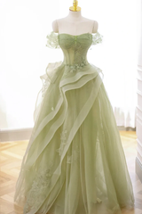 Cute Green Strapless Off The Shoulder A Line Prom Dress Long With Beads