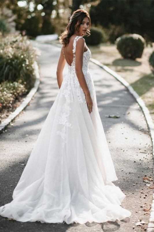 A-Line Wedding Dress with Lace Cap Sleeves in Tulle