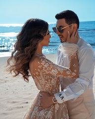 Elegant Long A-line Wedding Dress Featuring Lace and a Train