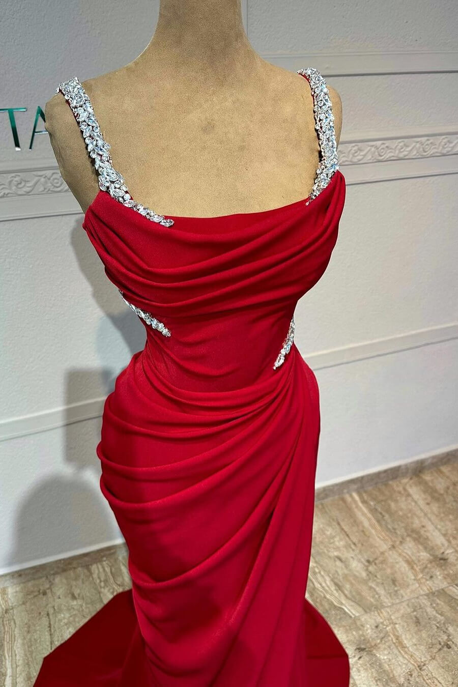 Fabulous Red Straps Sleeveless Mermaid Prom Gown With Split Crystals