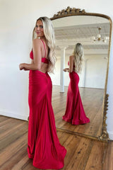 Red Simple Prom Dress Long Spaghetti Straps Mermaid V Neck Backless
