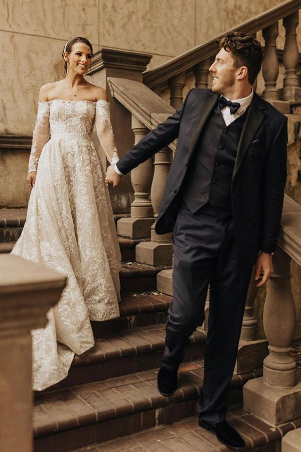 Elegant Off-the-Shoulder A-Line Gown with Long Sleeves and Bow Lace