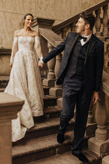 Elegant Off-the-Shoulder A-Line Gown with Long Sleeves and Bow Lace