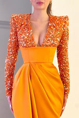 Chic Orange Deep V-Neck Mermaid Prom Dress Long Sleeves With Sequins
