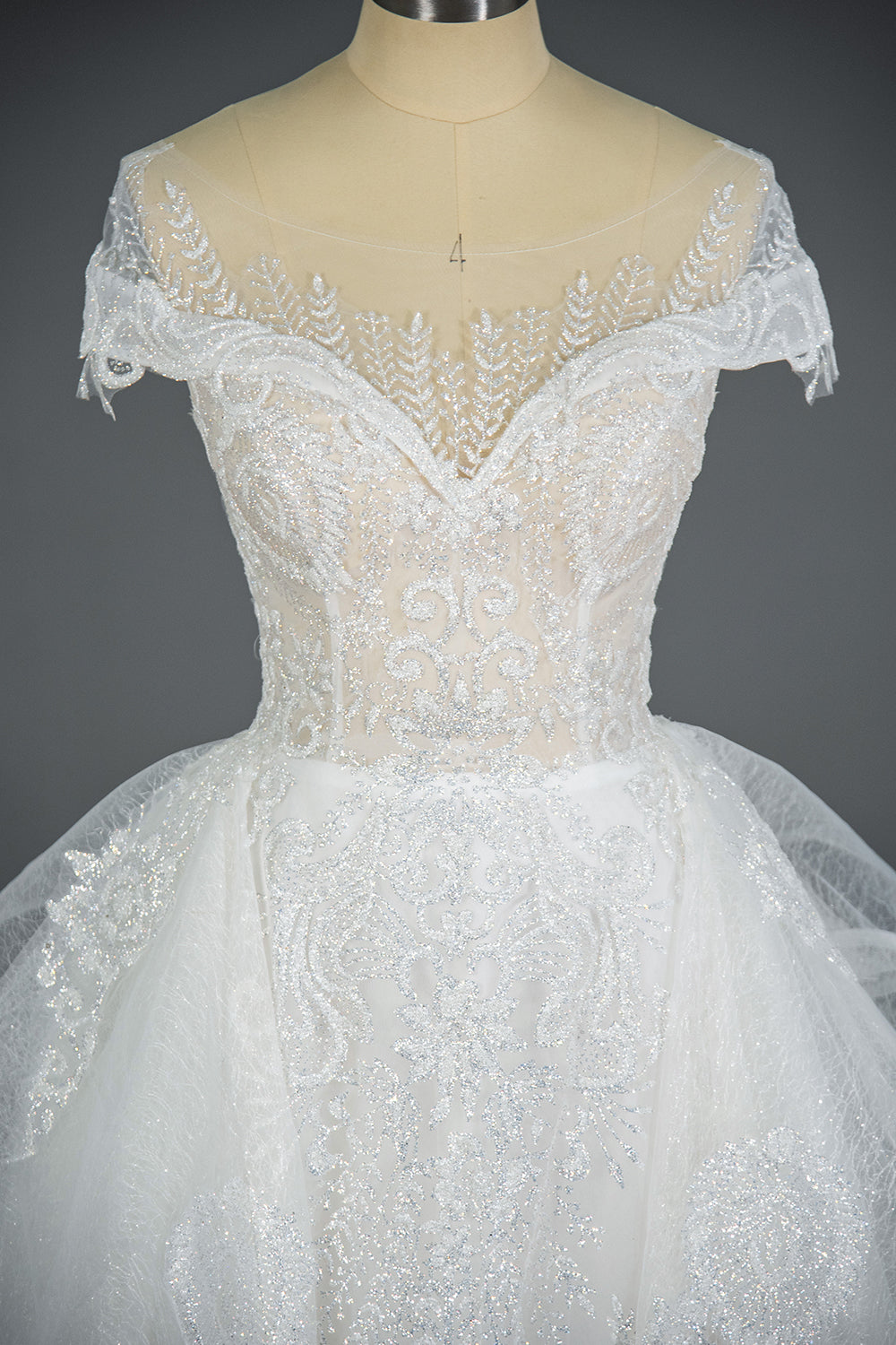 Wedding Ball Gown with Vintage Sequins, Tulle Appliques, and Ruffles