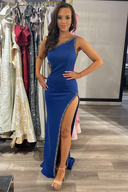 Gorgeous Royal Blue One Shoulder Mermaid Prom Dress Beads With High Split