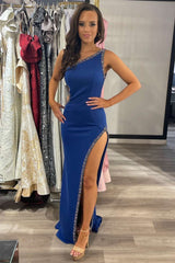 Gorgeous Royal Blue One Shoulder Mermaid Prom Dress Beads With High Split