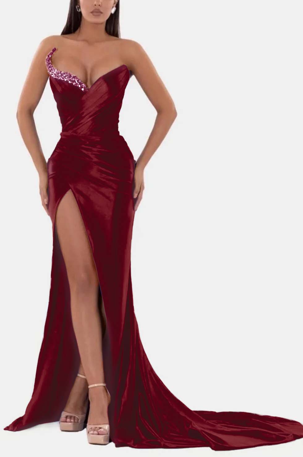 Royal Blue Prom Dress V Neck With High Slit Pleated Strapless Sleeveless