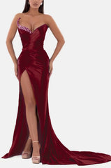 Royal Blue Prom Dress V Neck With High Slit Pleated Strapless Sleeveless