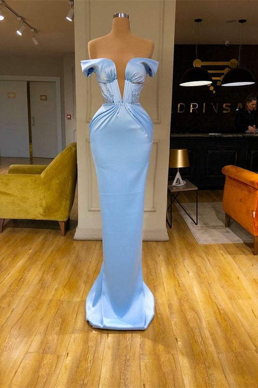 Elegant Sky Blue Off-the-Shoulder Mermaid Prom Dress Long With Beads