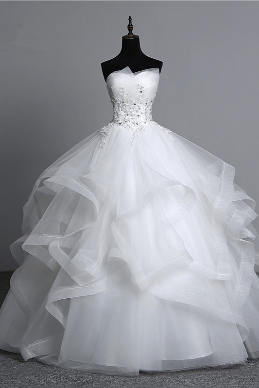Strapless Long Wedding Dress with Modest Ball Gown Silhouette and Tulle Layers, Beaded Appliques