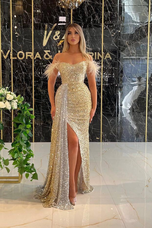 Classy Off-the-Shoulder Sequins Prom Dress Long Slit With Feather