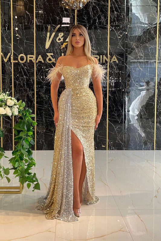 Classy Off-the-Shoulder Sequins Prom Dress Long Slit With Feather