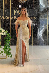 Classy Off-the-Shoulder Sequins Prom Dress Long Slit With Feather