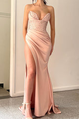 Stunning Pink Sweetheart Mermaid Prom Dresses Split Long With Sequins Beads