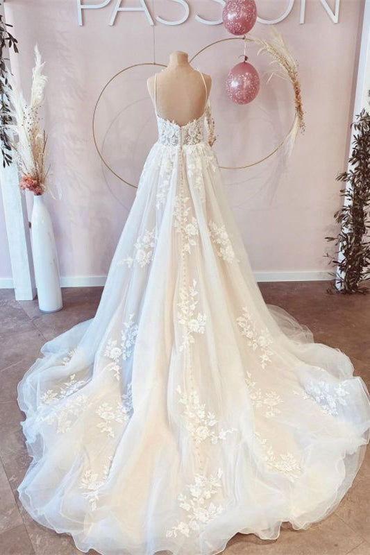 A-Line Wedding Dress with V-Neck and Spaghetti Straps in Tulle Lace