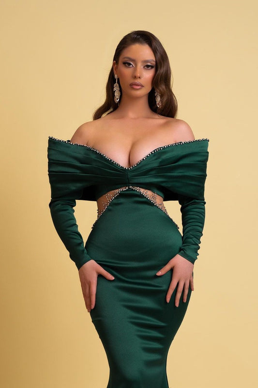 Emerald Green Prom Dress Off the Shoulder Sexy V Neck Mermaid Gown