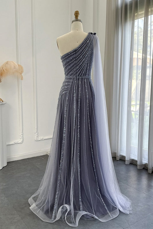 Charming Grey One Shoulder Beadings Prom Dress Tulle Long
